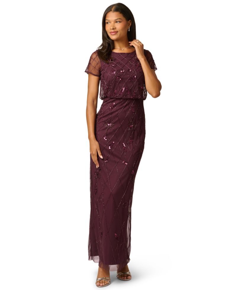 Women's Bead Blouson Boat Neck Short-Sleeve Long Dress