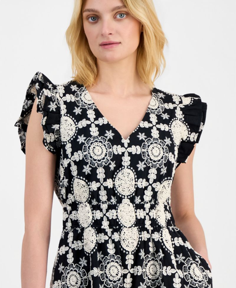 Petite V-Neck Ruffle-Sleeve Embroidered Short Dress