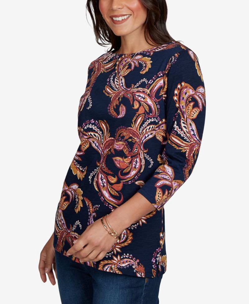 Petite Paisley-Print Boat Neck 3/4-Sleeve Top