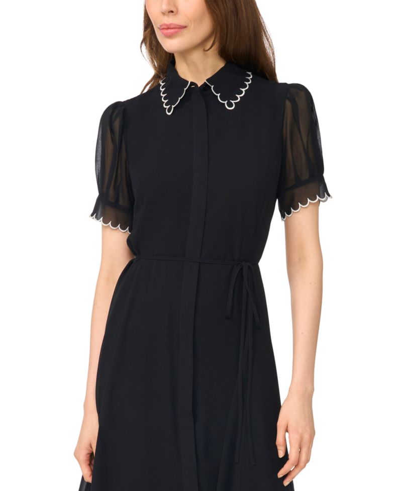 Women's Contrast Stitch Short-Sleeve Scallop Midi Dress with Tie Waist