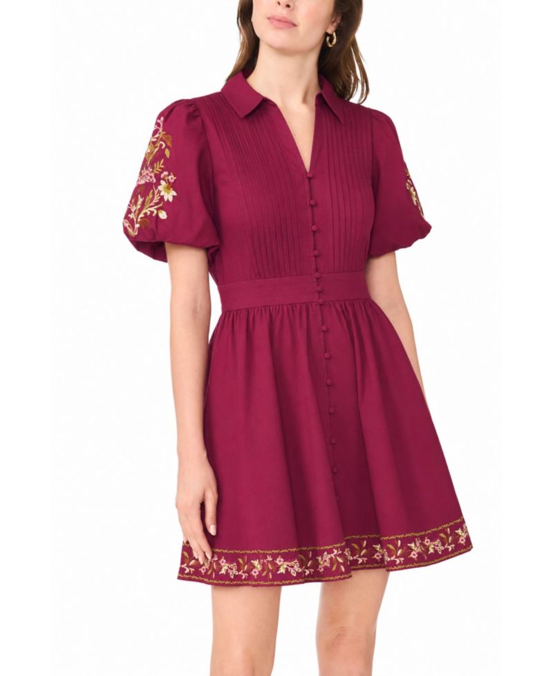 Women's Embroidered-Pintuck Puff-Sleeve Mini Dress