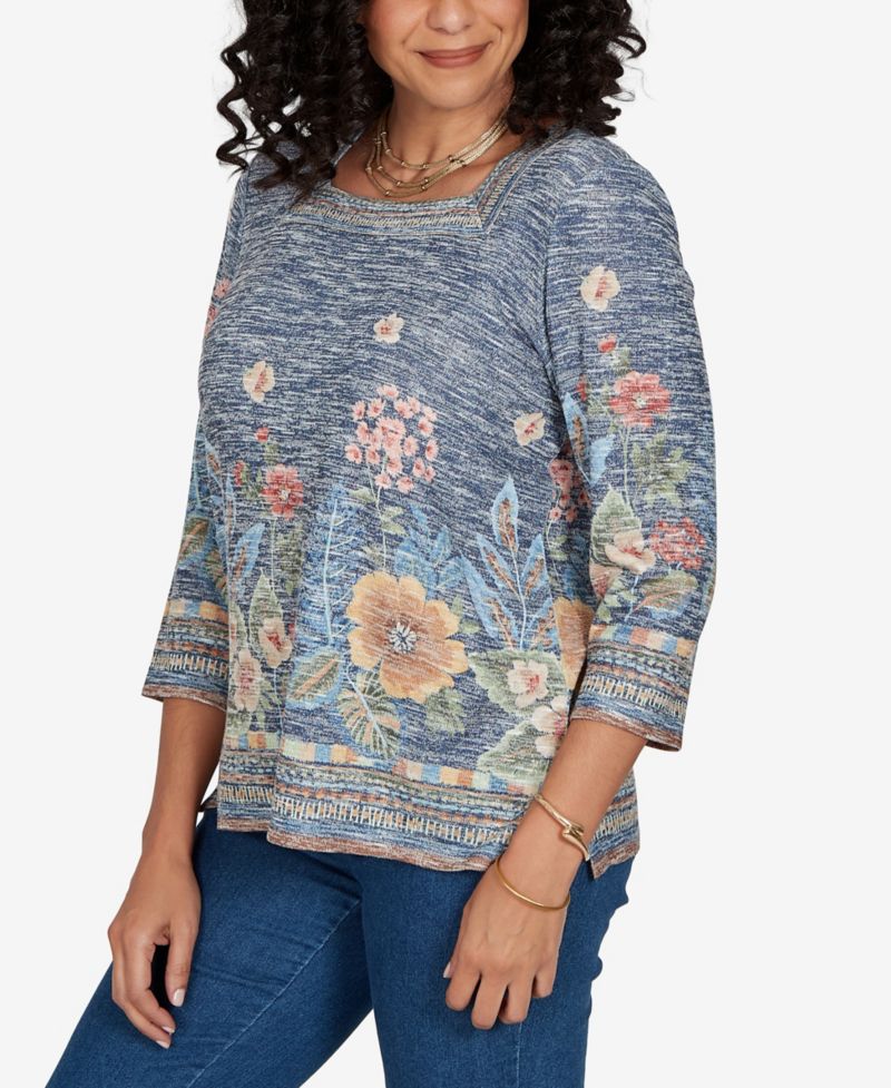 Women's Floral Square Neck 3/4-Sleeve Top