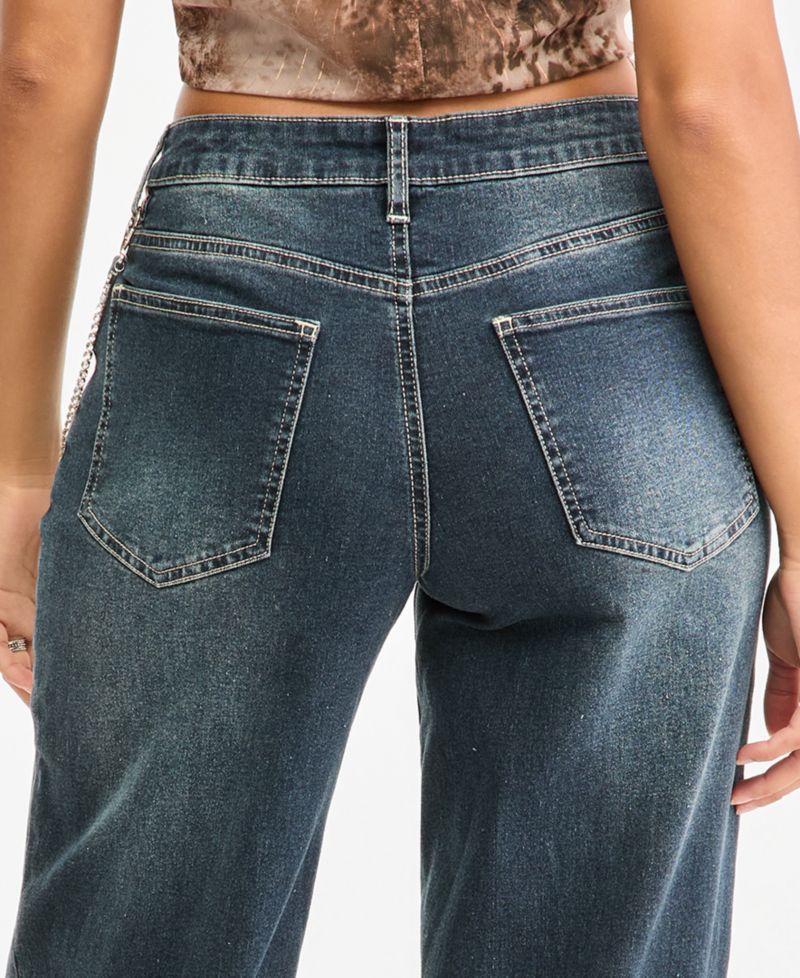 Juniors' 90s Wide Leg Rhinestone-Chain High-Waisted Cotton-Blend Jeans