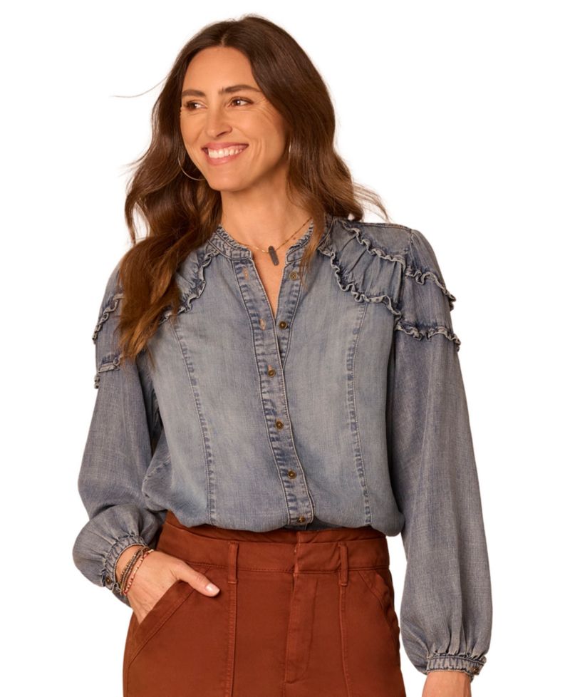 Petite Chambray Ruffle Button-Up Long-Sleeve Top