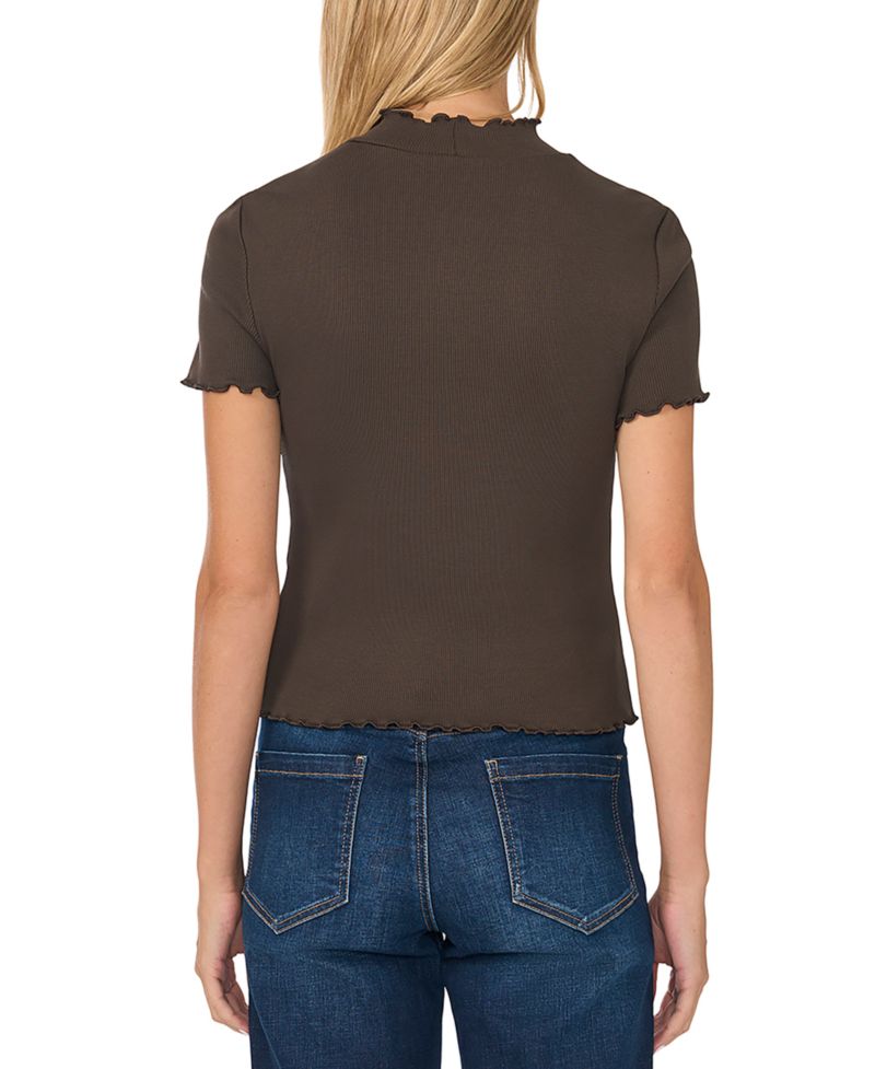 Women's Mock-Neck Short-Sleeve Lettuce-Trim Cotton-Blend T-Shirt