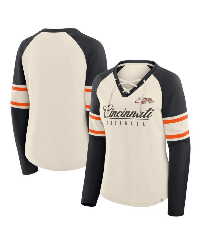 Women's Cream/Black Cincinnati Bengals Hometown Gridiron Hero Raglan Lace-Up V-Neck Long Sleeve T-Shirt
