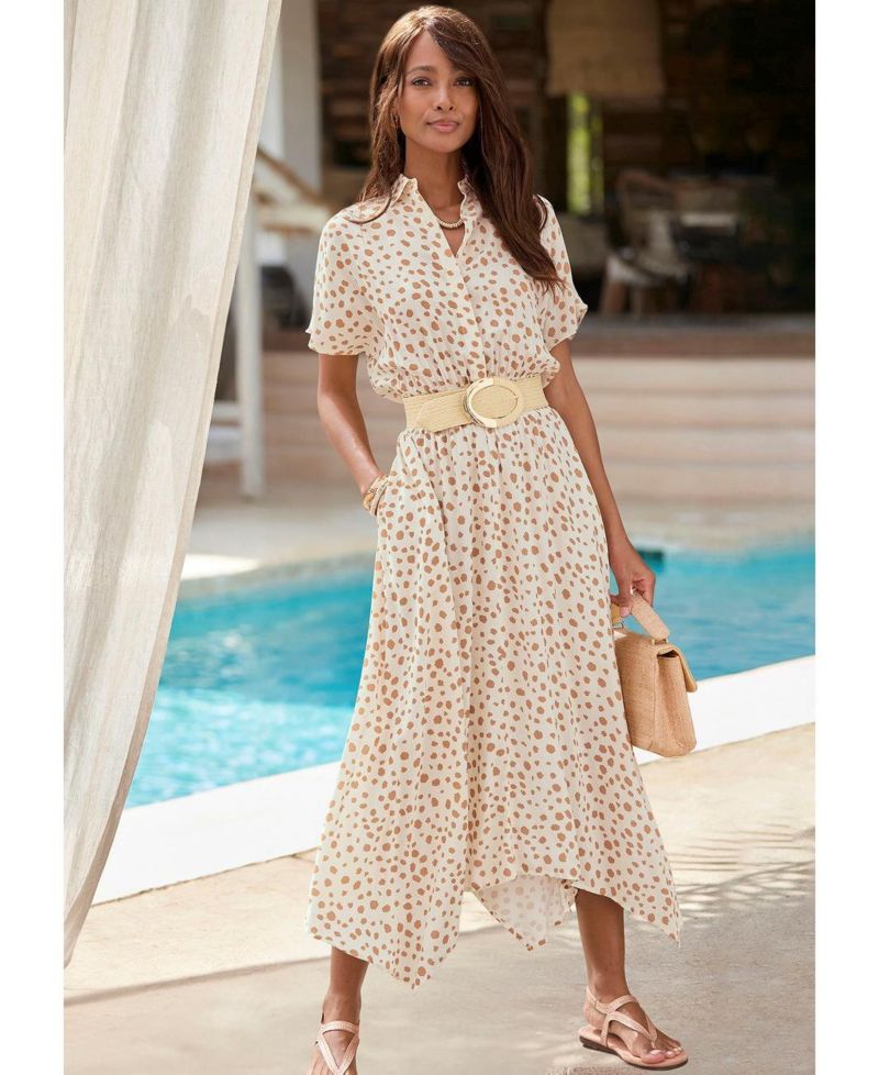 Women's Printed Shirt Collar A-Line Midi Dress