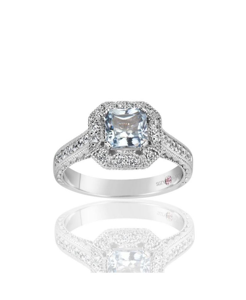 Suzy Levian Sterling Silver Assher Cut Cubic Zirconia Aquamarine Center Stone Ring