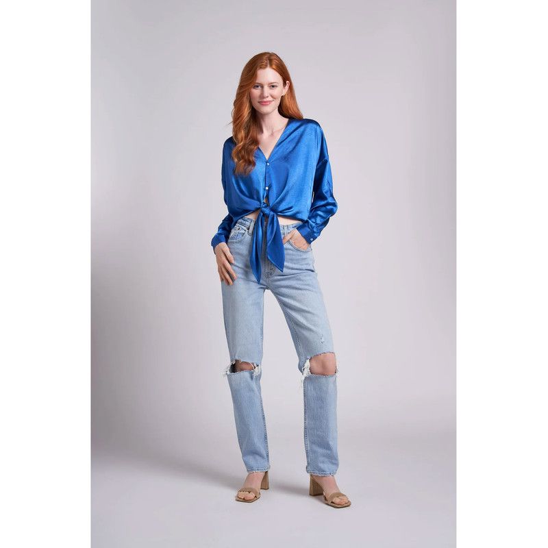 Women's Emma Oversized Crinkled Satin Button and Tie Front Cropped Blouse