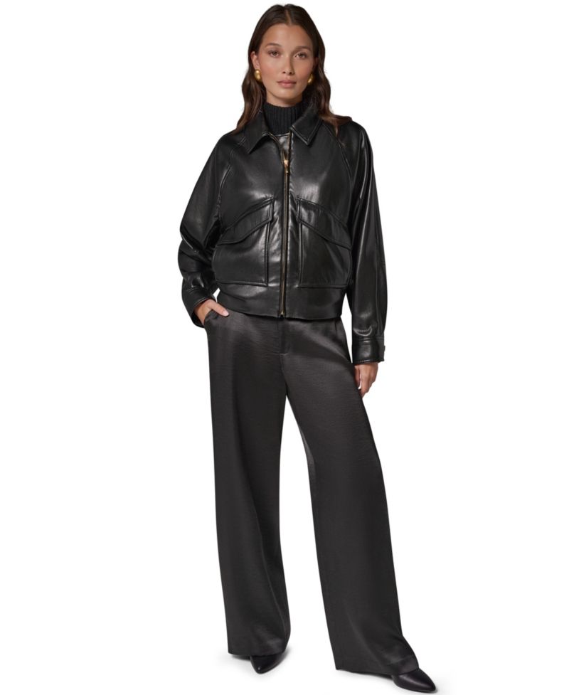 Women's Short Raglan Collared Faux Leather Jacket