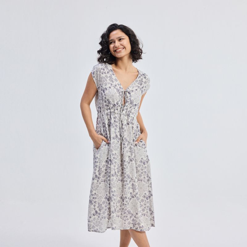 Women's Deep V-neck Gathered Dress in Florals