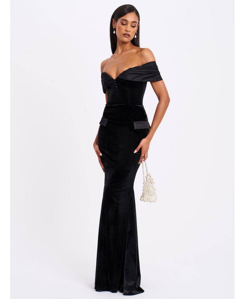 Women Qamra Black Velvet Off Shoulder Mermaid Maxi Dress
