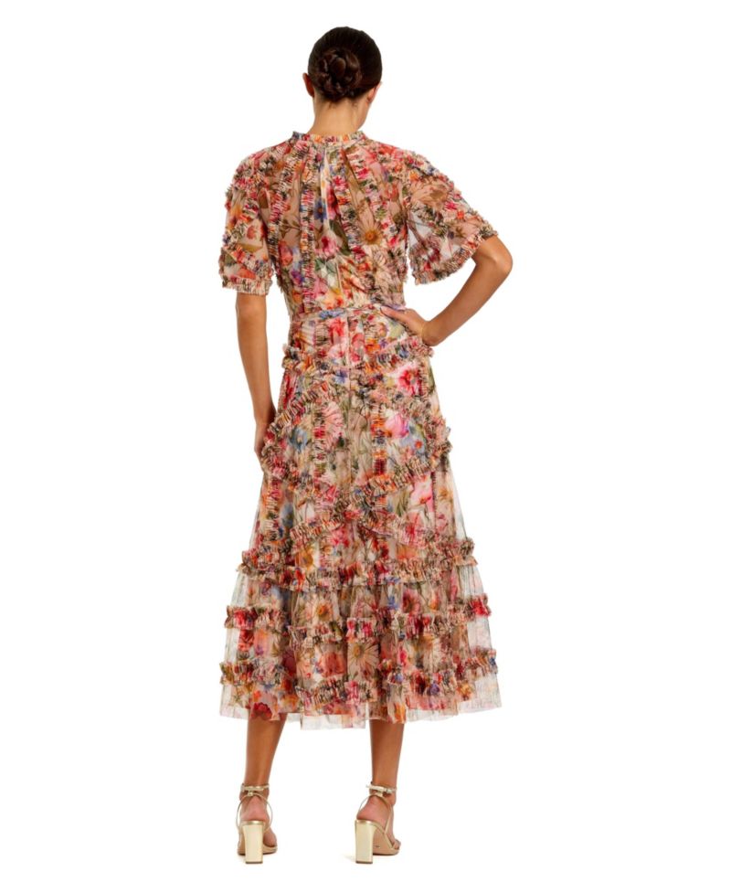 Women's Floral Flutter Sleeve Mesh Print Dress