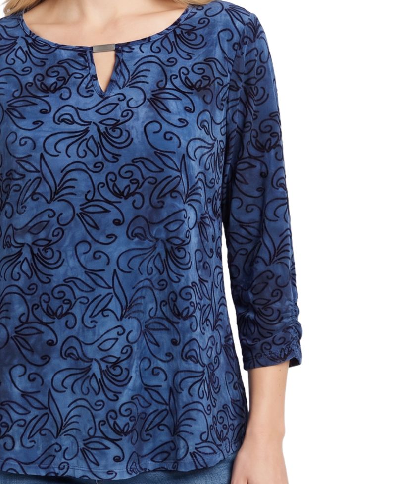 Petite 3/4-Sleeve Tie-Dye Keyhole Blouse