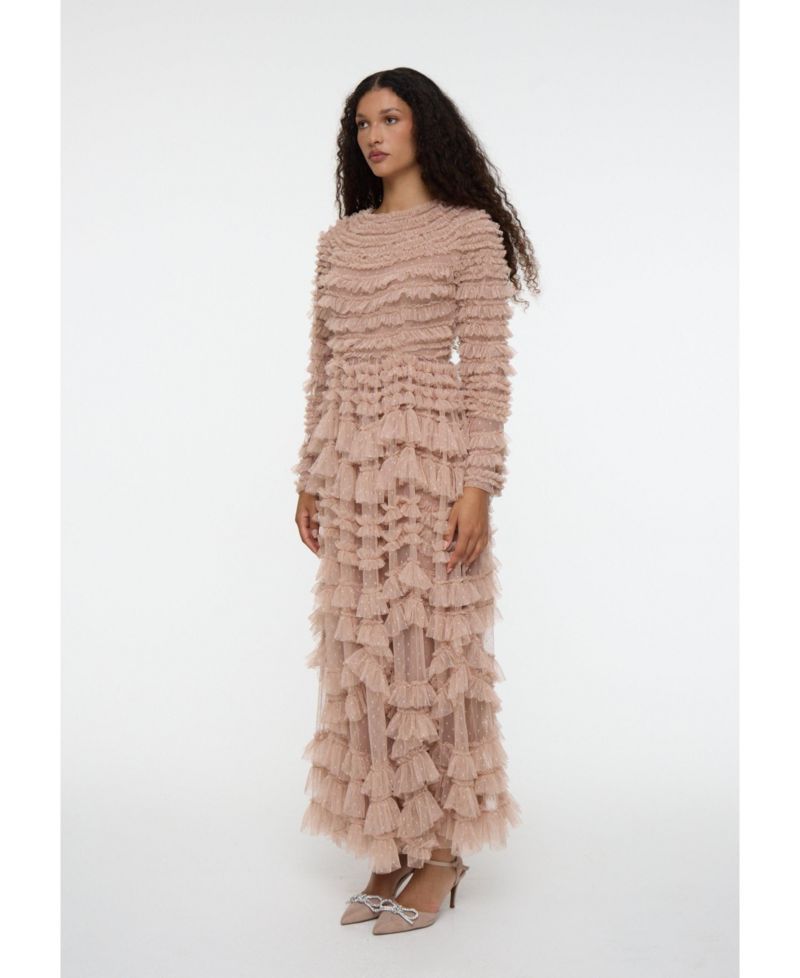 Women's Maxi With Self Print Modest Ruffle Dress