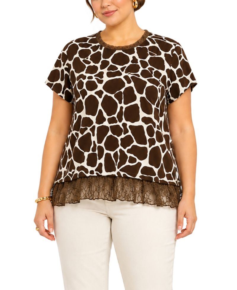 Plus Size Giraffe Print Lace Pleat Back Top