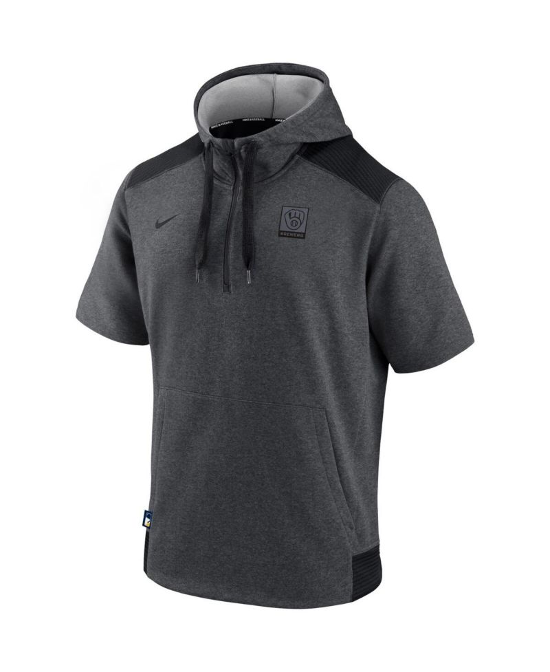 Men's Heathered Charcoal, Black Milwaukee Brewers Authentic Collection Dry Flux Performance Quarter-Zip Short Sleeve Hoodie