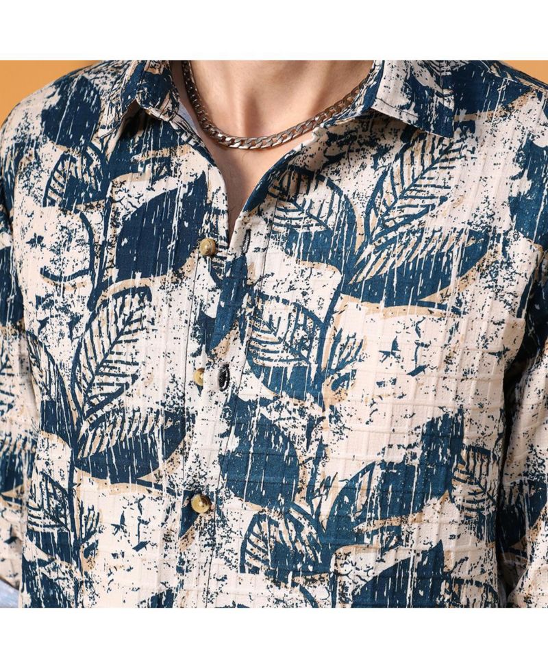 Men's Ivory White & Indigo Blue Foliage-Waffle Shirt