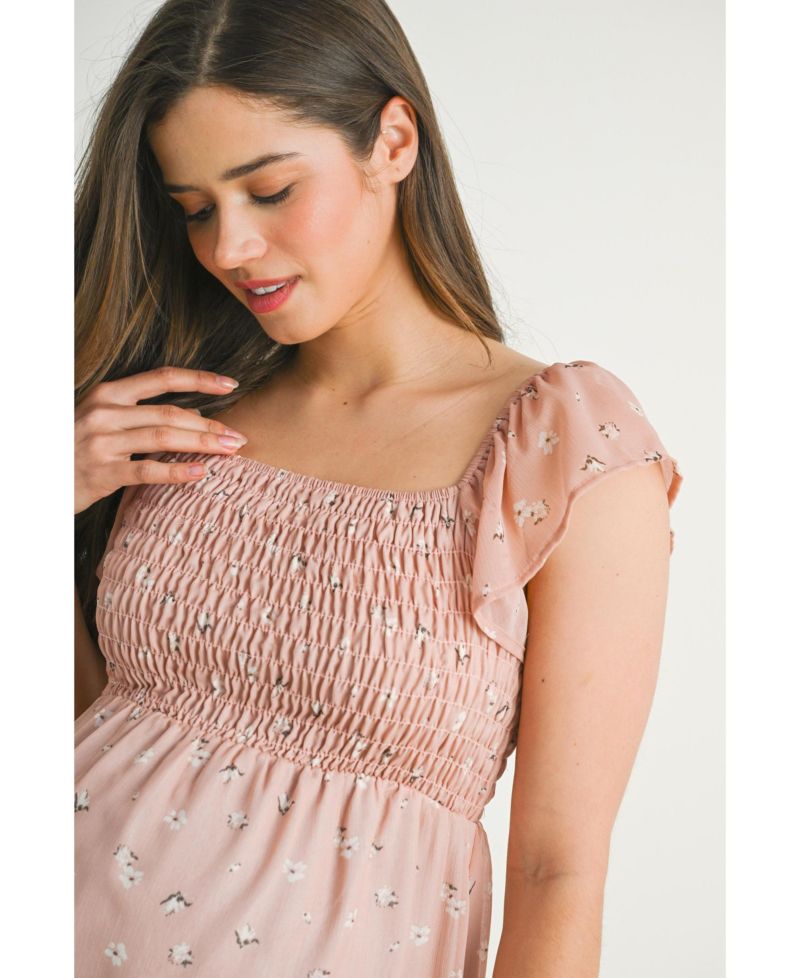Maternity Smocked Square Neck Floral Empire Waist Top