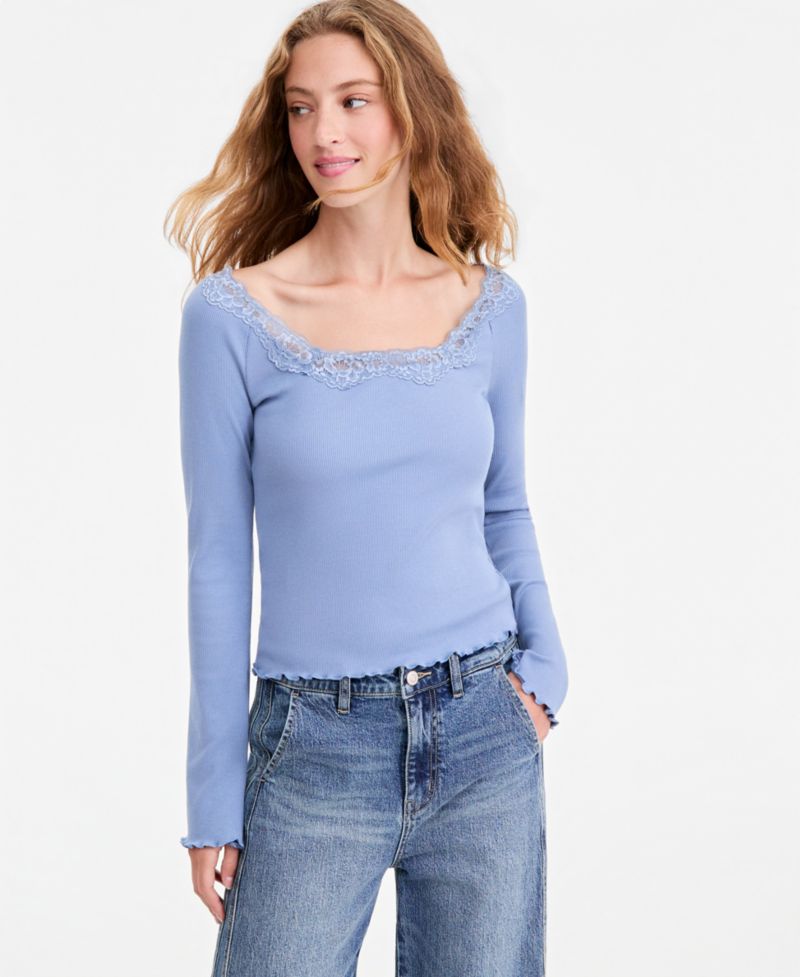 Petite Lace-Trim Scoop-Neck Long-Sleeve Top