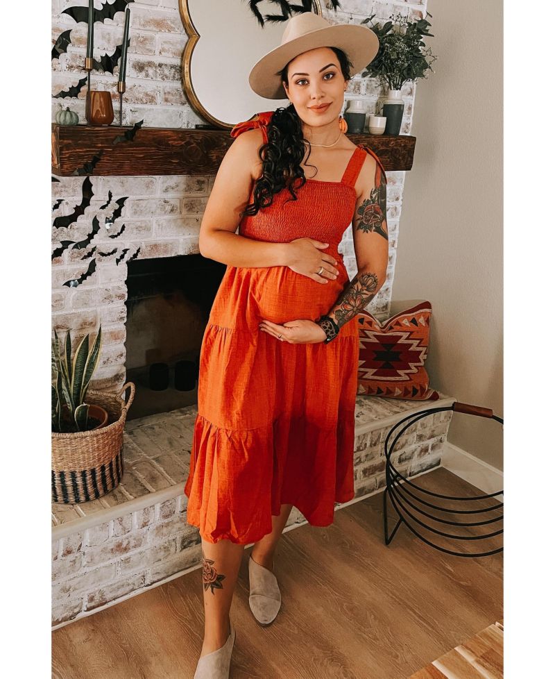 Women's Rust Bow Strap Tiered Midi Dress