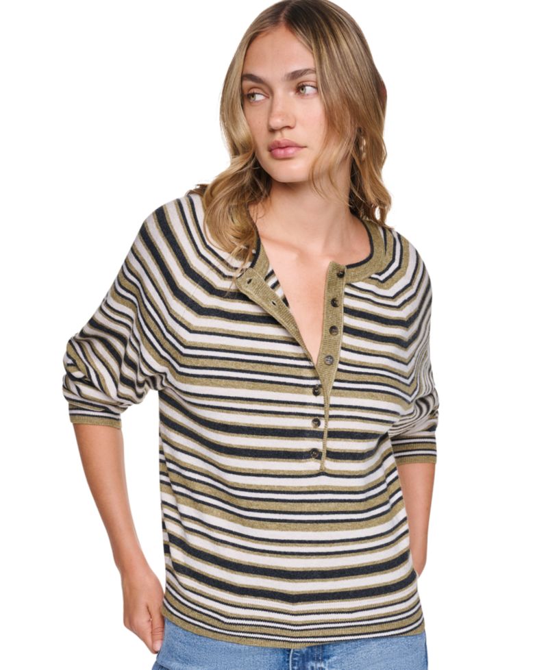 Women's Striped Raglan Crew Neck Long-Sleeve Henley Sweater