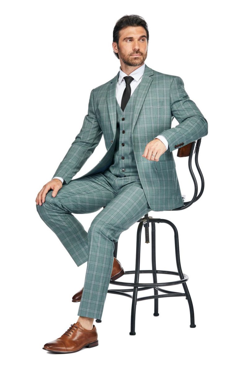 Men's 3 Piece Slim Fit Green Plaid Suit