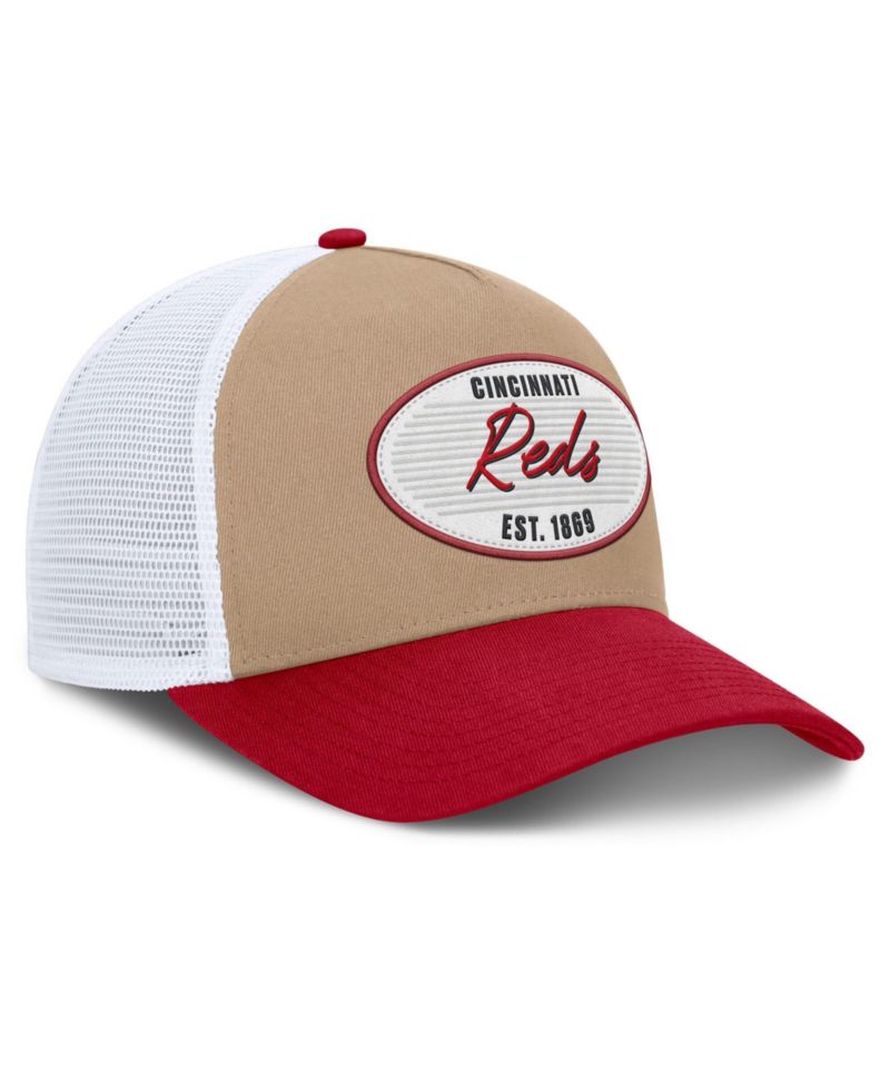 Men's Khaki/Red Cincinnati Reds Rise A-Frame Trucker Adjustable Hat