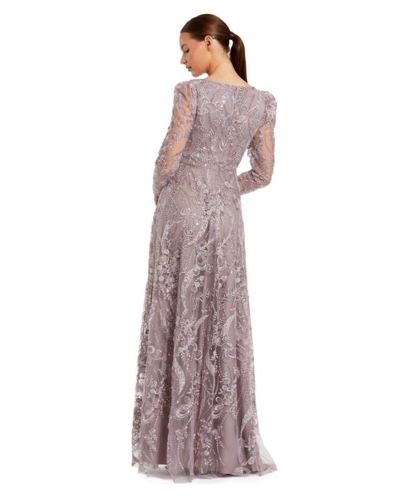 Women's Floral Embroidered V Neck Long Sleeve Gown