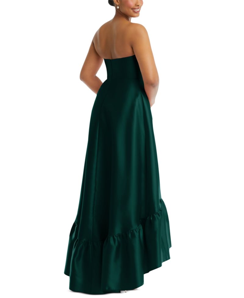 Women's Strapless Deep Ruffle Hem Satin High Low Dress with Pockets