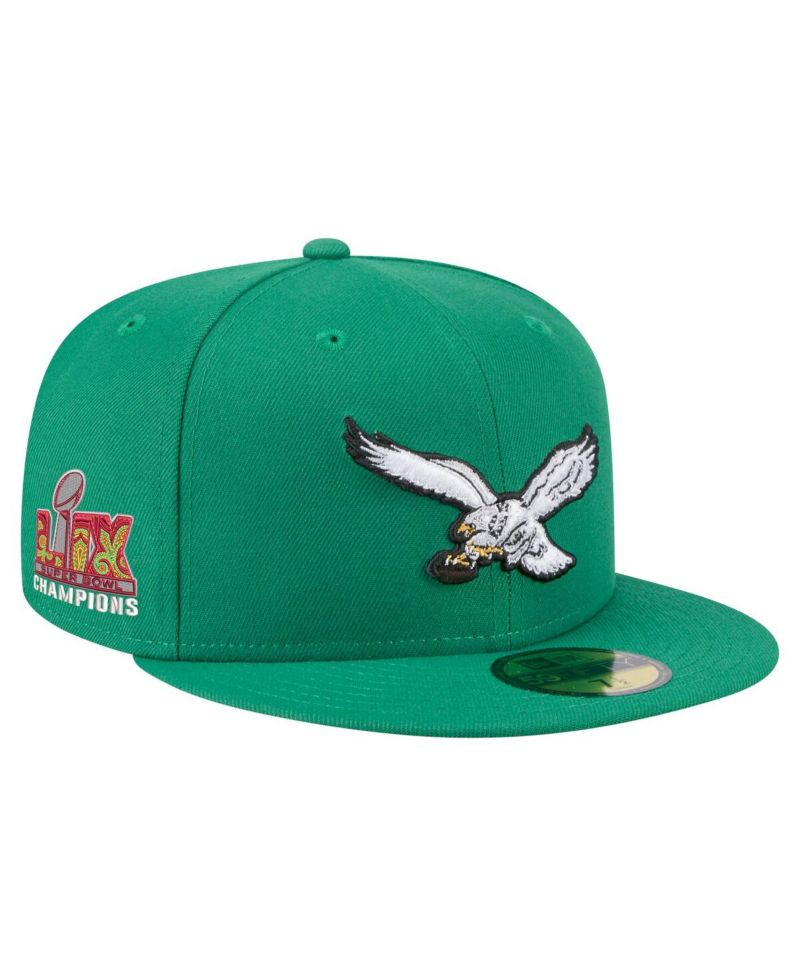 Men's Kelly Green Philadelphia Eagles Super Bowl LIX Champions Historic Side Patch 59FIFTY Fitted Hat
