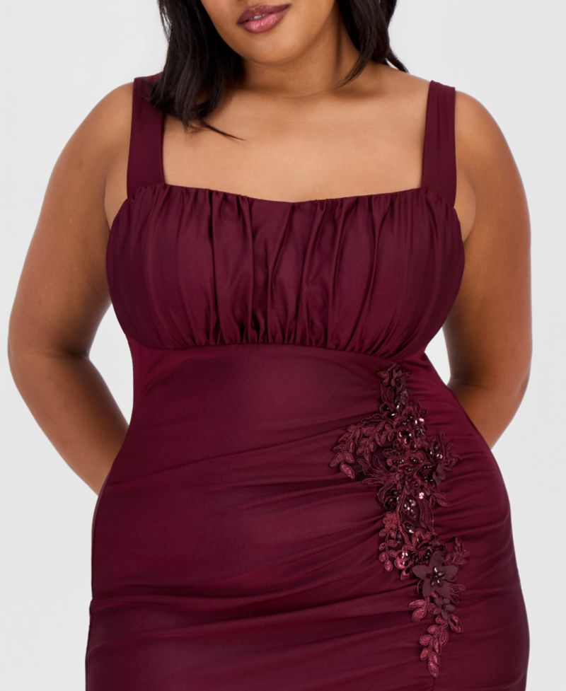 Trendy Plus Size Ruched Satin Appliqu&eacute; Gown