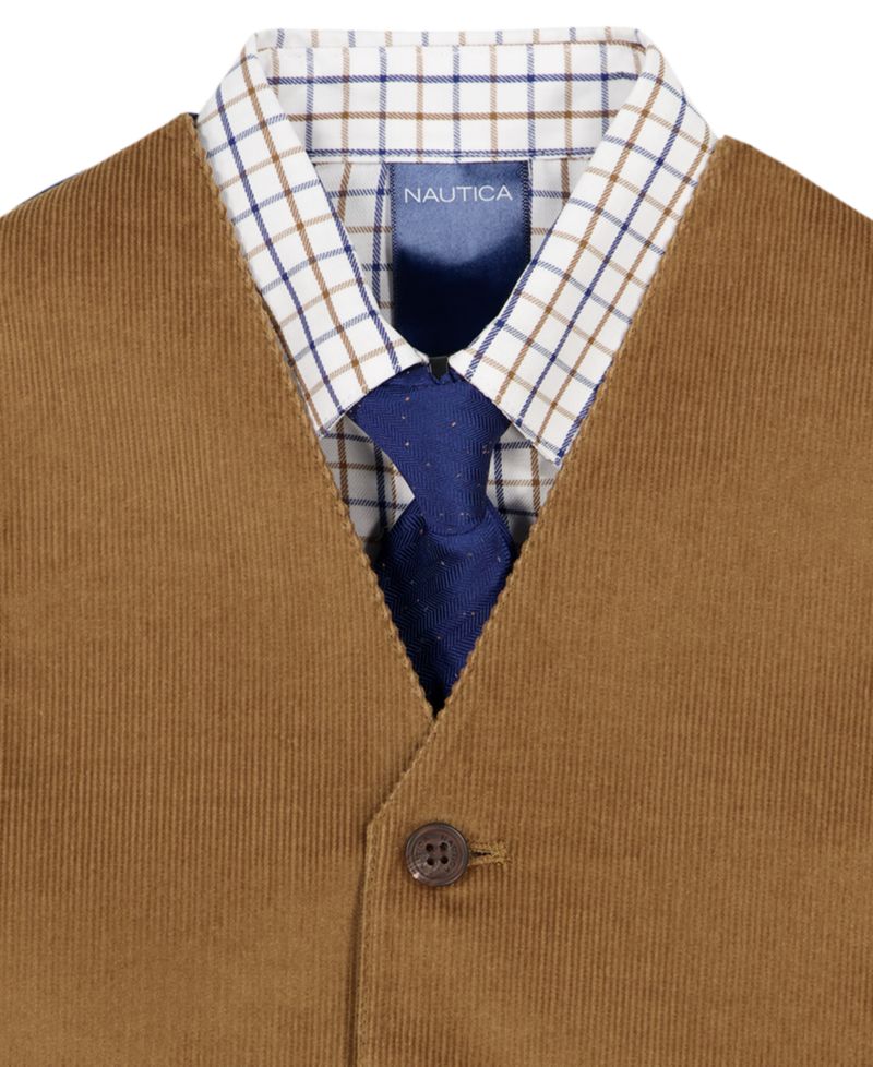 Baby Boys' Corduroy Check-Print Long-Sleeve Dress Shirt, Vest, Pants, and Tie, 4-Piece Set