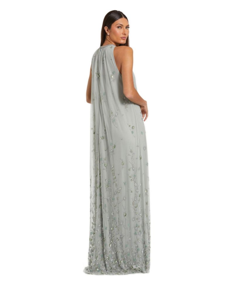 Women's High Neck Floral Embellished Mesh Trapeze Gown