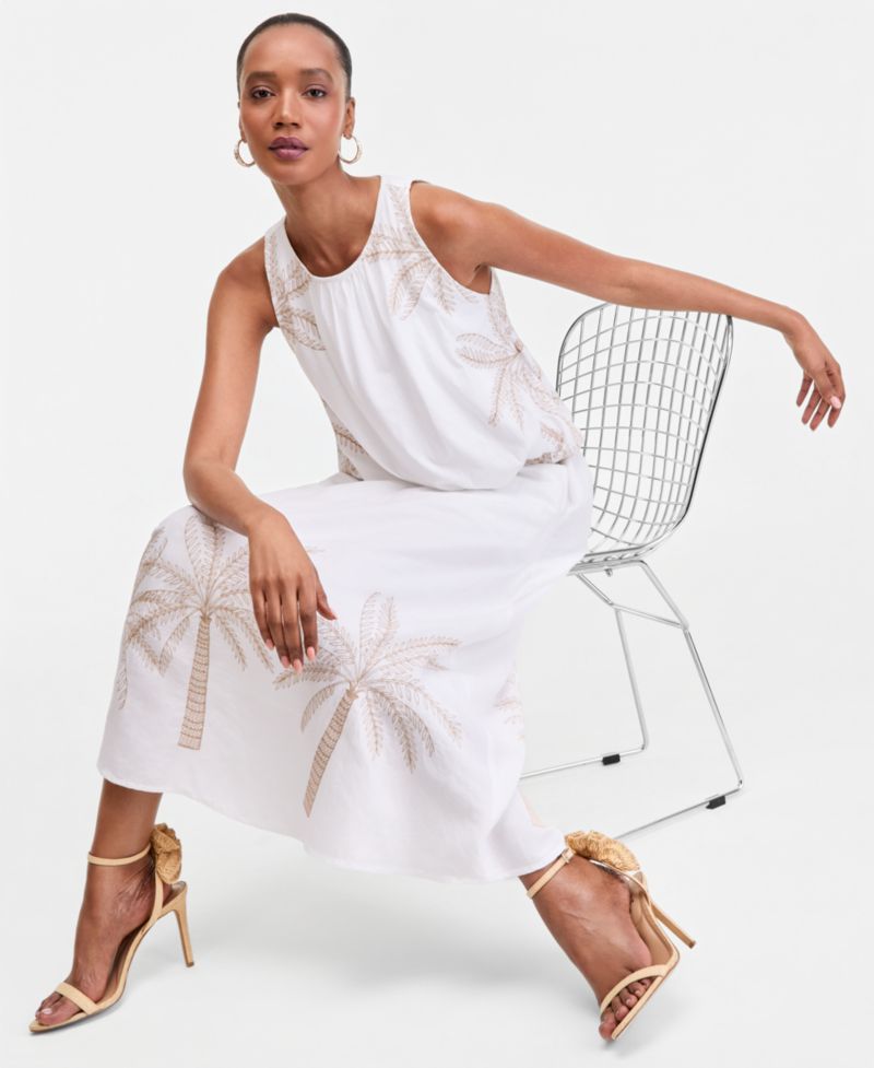 Women's Linen-Blend Embroidered Midi Skirt