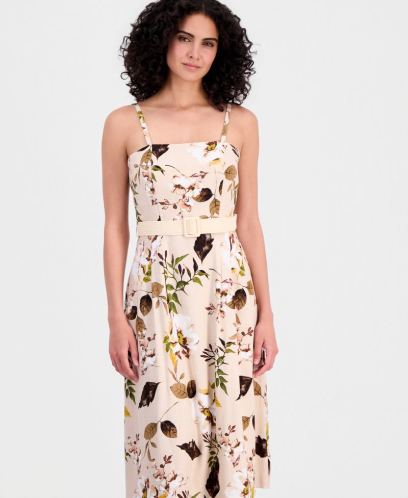 Women's Printed Belted Sleeveless Linen Blend Dress