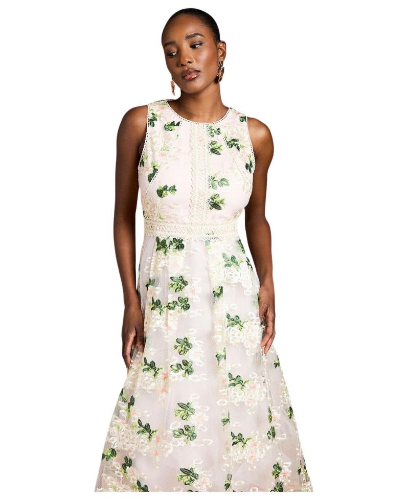 Women's Embroidered Mesh Lace Skirted Midi Dress