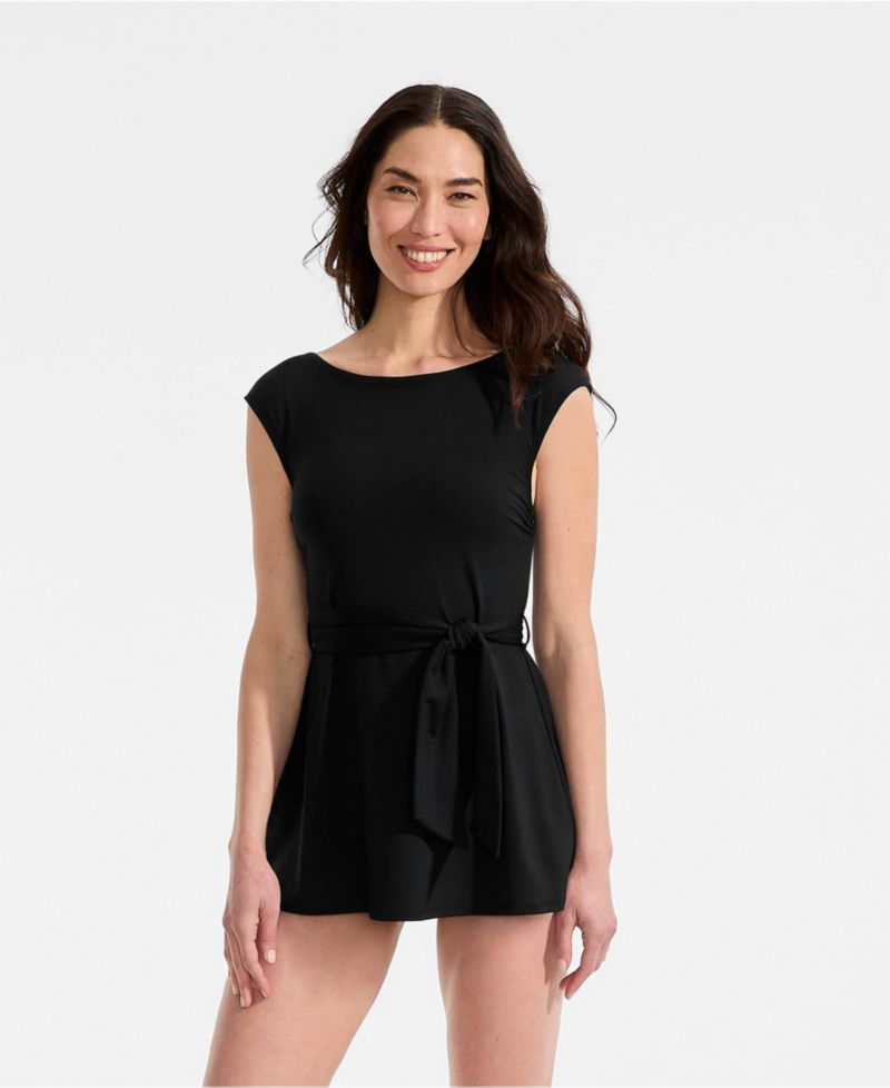 Women's Cap Sleeve Tie Belt Mini Swim Dress