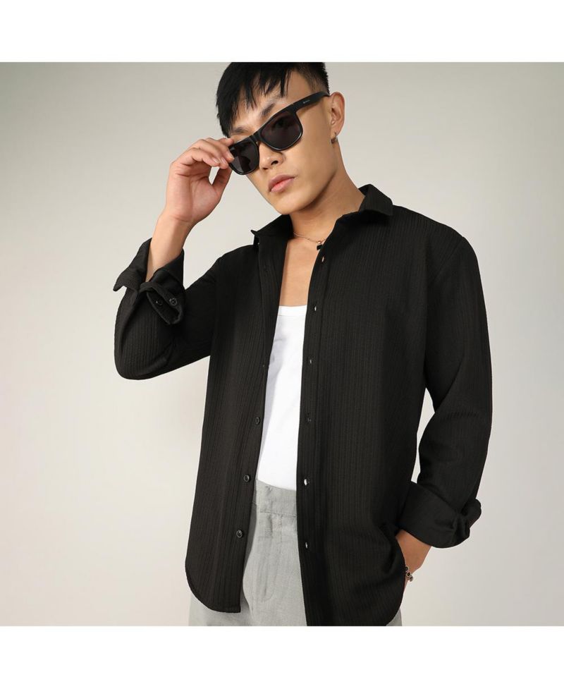 Men's Onyx Black Stripe-Creased Shirt