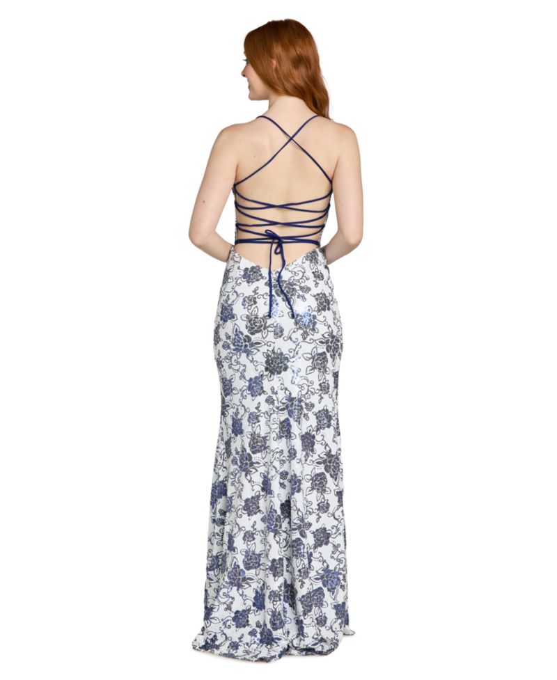 Juniors' Floral Sequin Long Gown