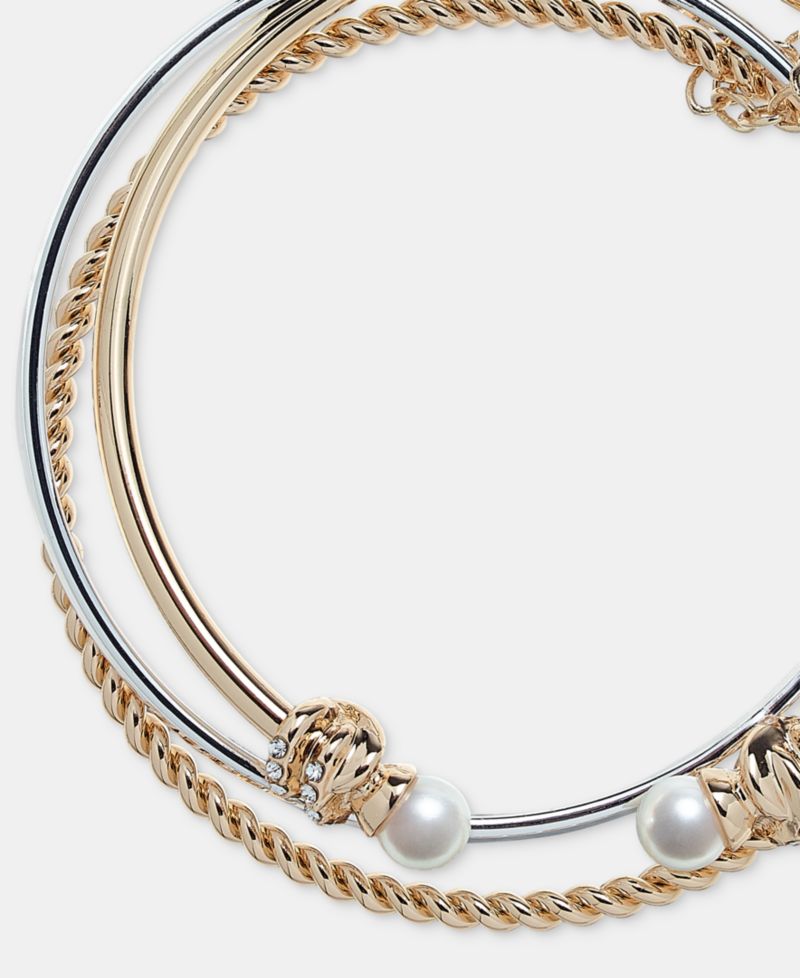 Two-Tone Boxed 3-Pc. Metal Imitation Pearl Bangle Bracelet Set