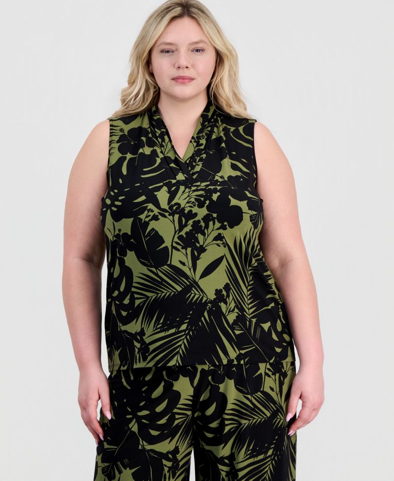 Plus Size Printed Triple-Pleat V-Neck Top