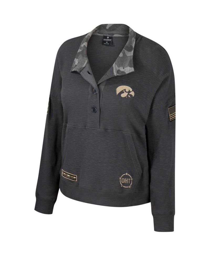 Women's Heather Charcoal Iowa Hawkeyes OHT Military-Inspired Appreciation Payback Henley Thermal Sweatshirt
