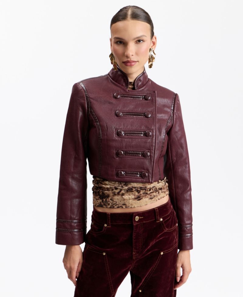 Women's Double-Breasted Military-Style Cropped Faux Leather Jacket