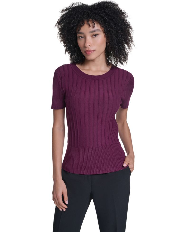 Petite Short-Sleeve Crewneck Ribbed Sweater