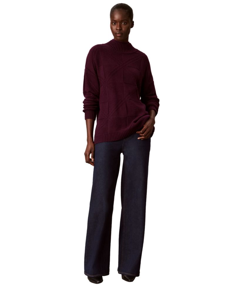 Women's Mock-Neck Grid-Stitch Cashmere-Blend Pullover Sweater