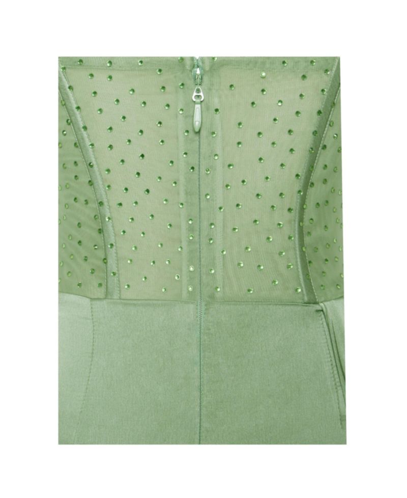 Women Holly Basil Crystallized Corset High Slit Satin Gown