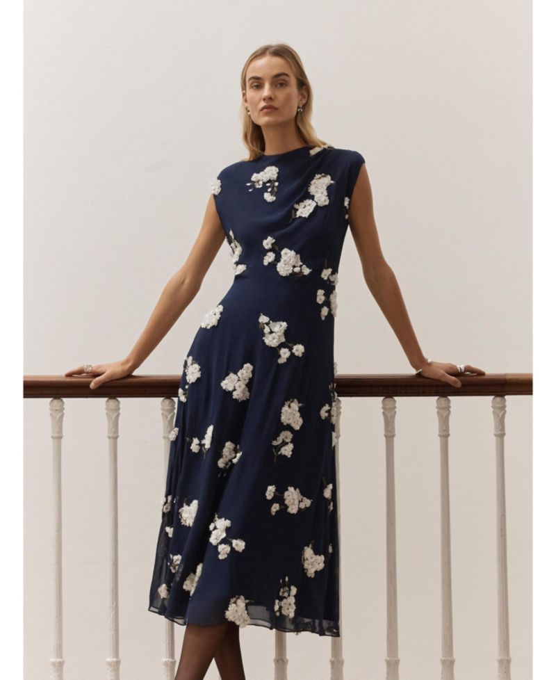 Women's Ischia Floral-Print Embroidered A-Line Midi Dress