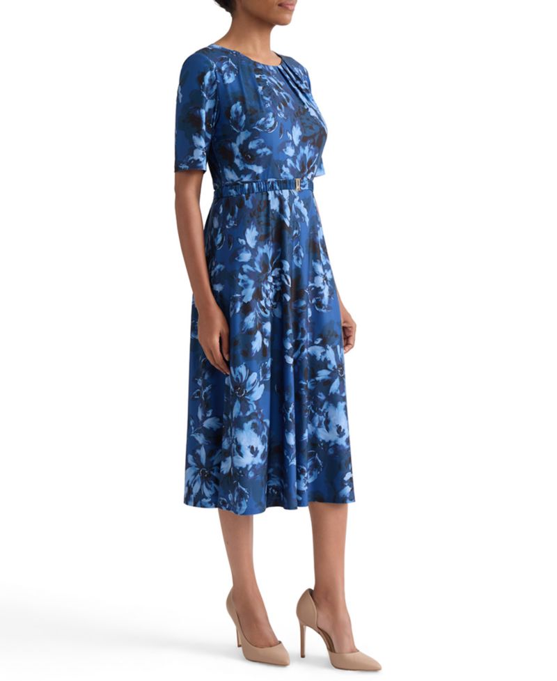 Women's Pleat-Neck Belted Short-Sleeve Dress