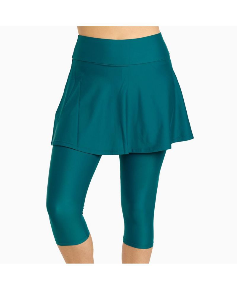 Women's Chlorine Resistant High Waisted Flared Swim Skort With Attached Capri Leggings